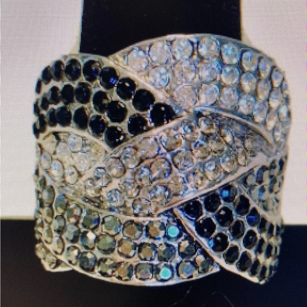 Lia Sophia Black Gray Crystal Wide Chunky Braid Ring Silver Tone Sz 8 - Picture 2 of 5